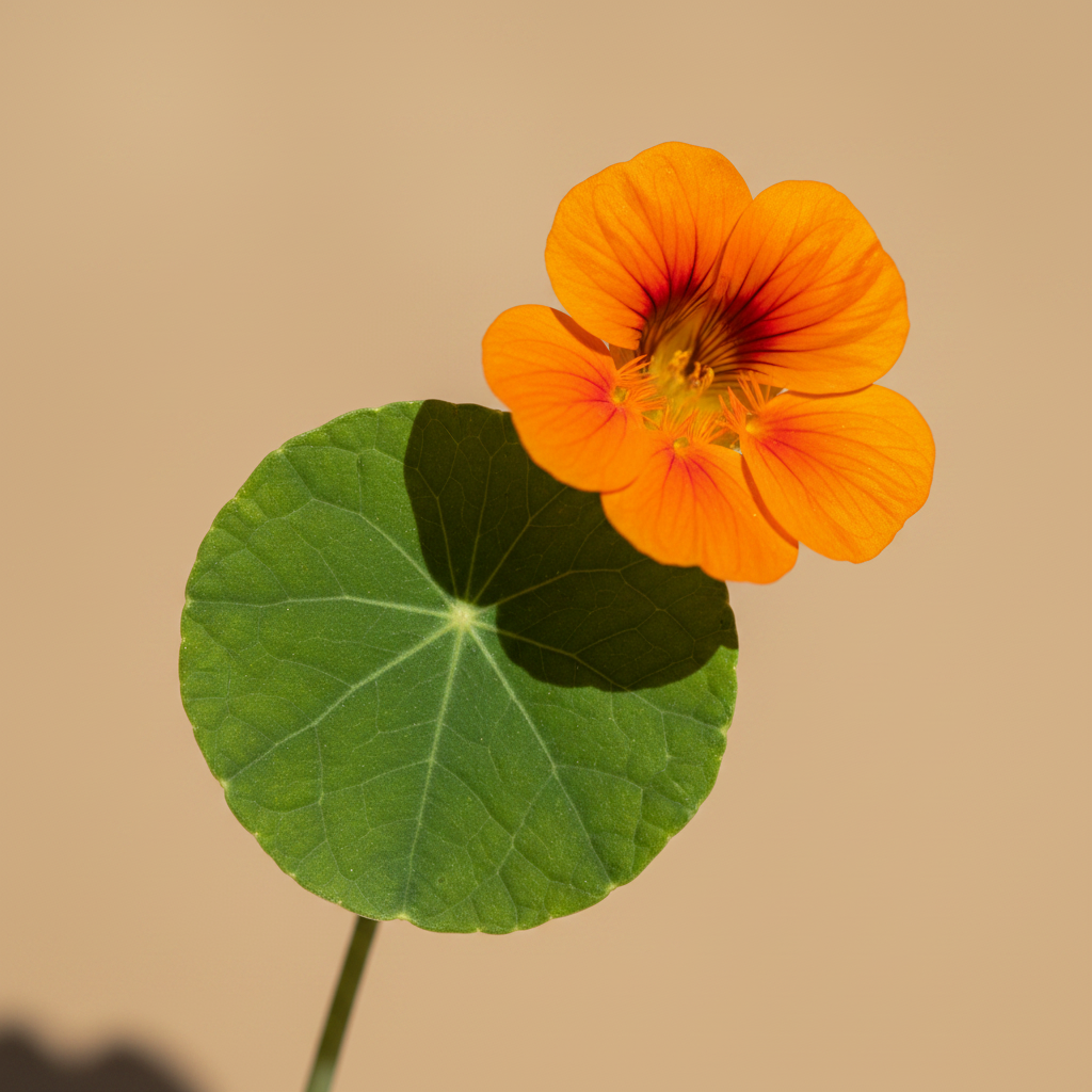 Tropaeolum Majus - Oostindische Kers - close-up blad en oranje bloem