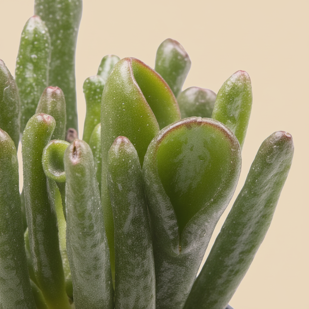 Close-up buisvormige bladeren Crassula ovata Coral op warme beige studioachtergrond