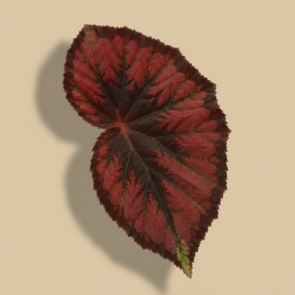 Begonia Blad Red Kiss - close-up blad, warme beige studioachtergrond