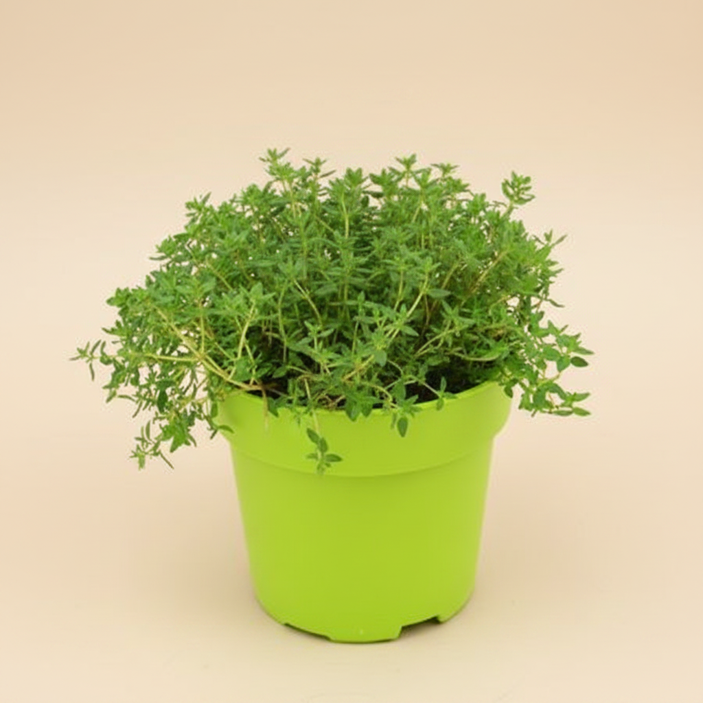 Thymus Vulgaris keukentijm in pot met warme beige studioachtergrond