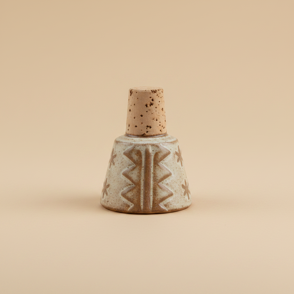 Handgemaakte flessenstop bruin/gebroken wit op warme beige achtergrond, studiofoto