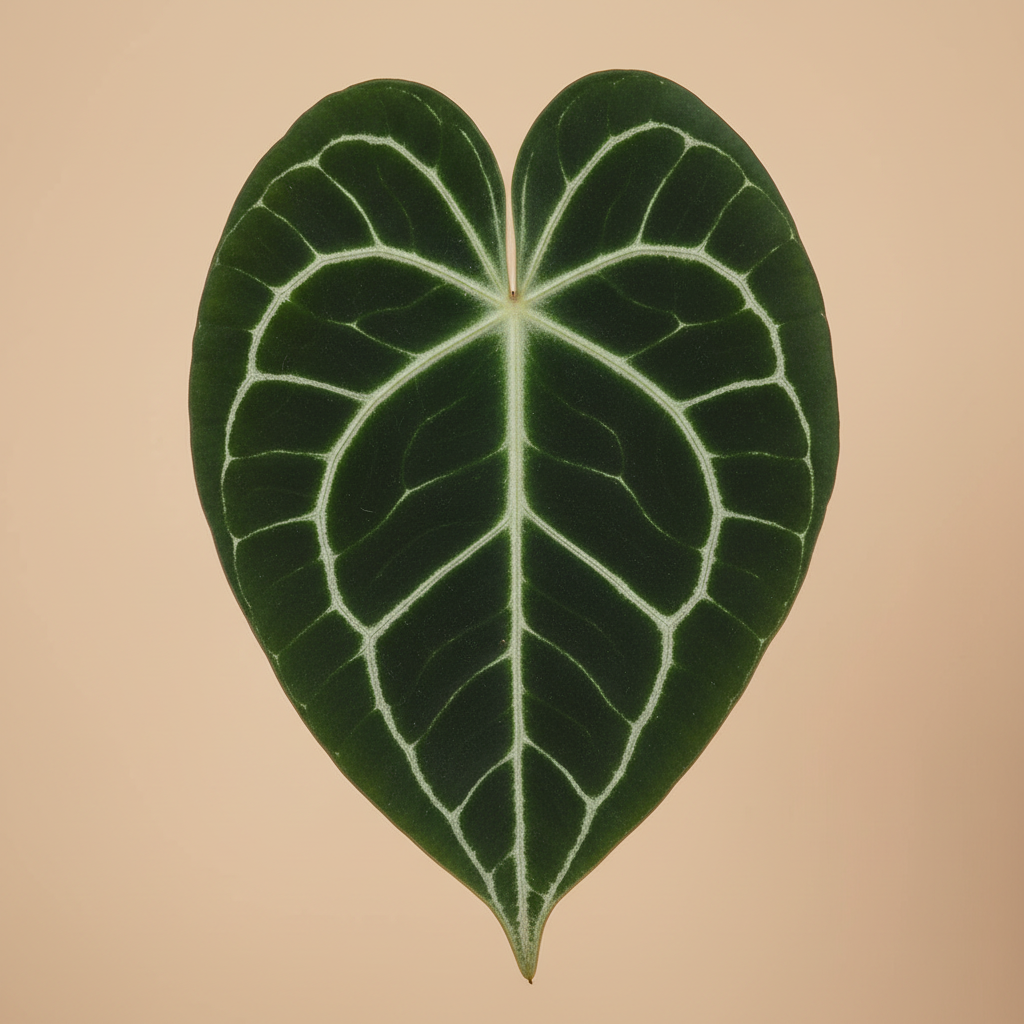 Close-up van het donkergroene hartvormige blad met lichte nerven van de Anthurium clarinervium op warme beige studioachtergrond