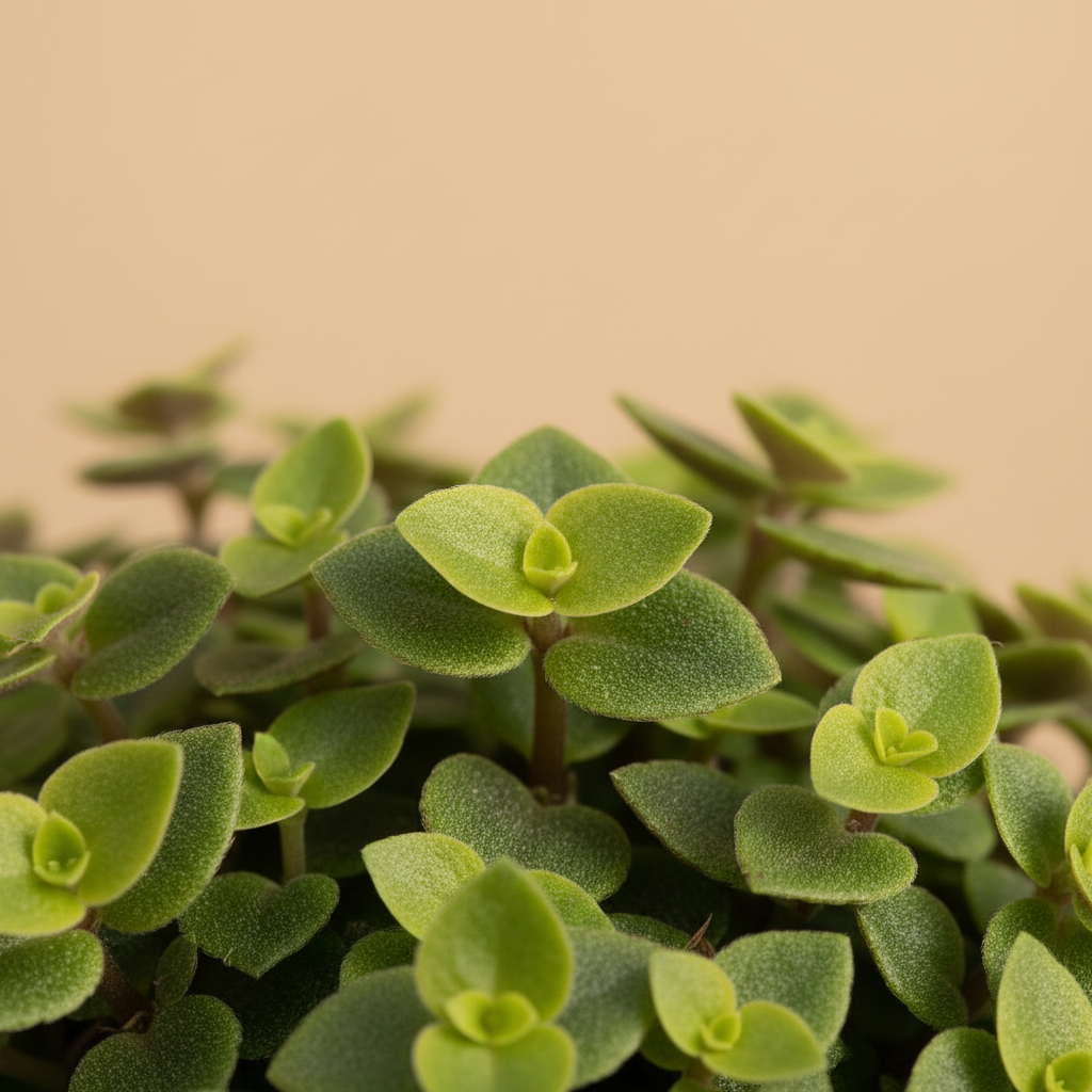 Callisia Repens – close-up blad, warme beige studioachtergrond
