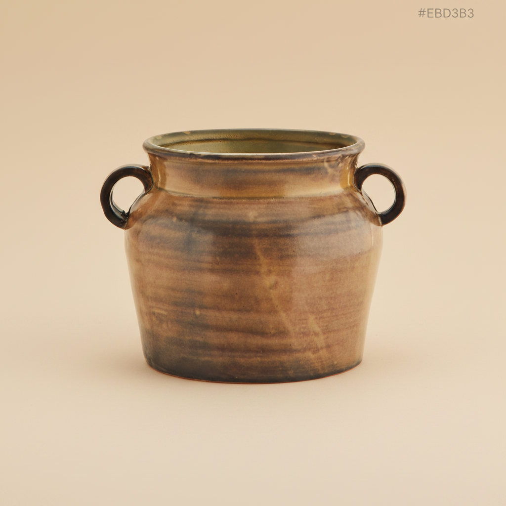 Stenen bloempot mosterd/bruin op warme beige achtergrond, studiofoto