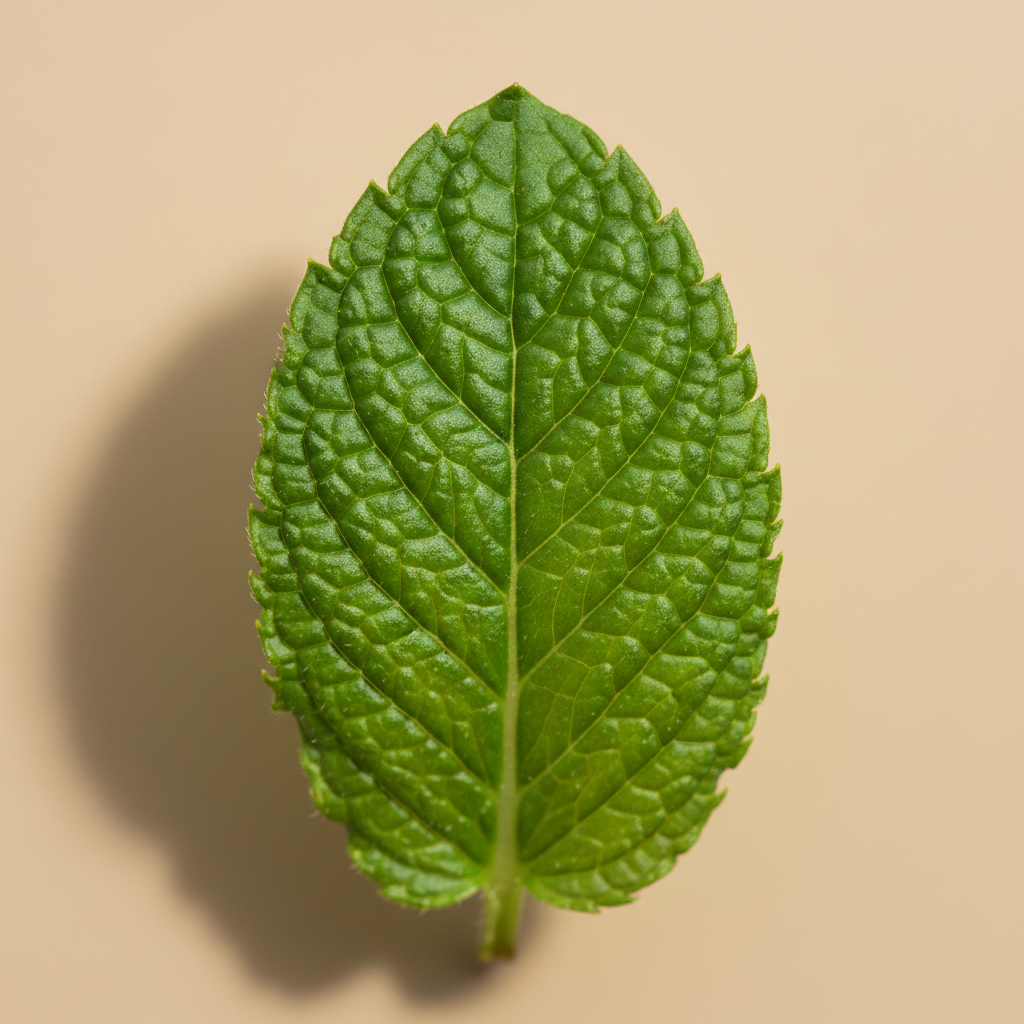 Close-up blad Mentha Spicata Maroc - Marok Munt op warme beige studioachtergrond