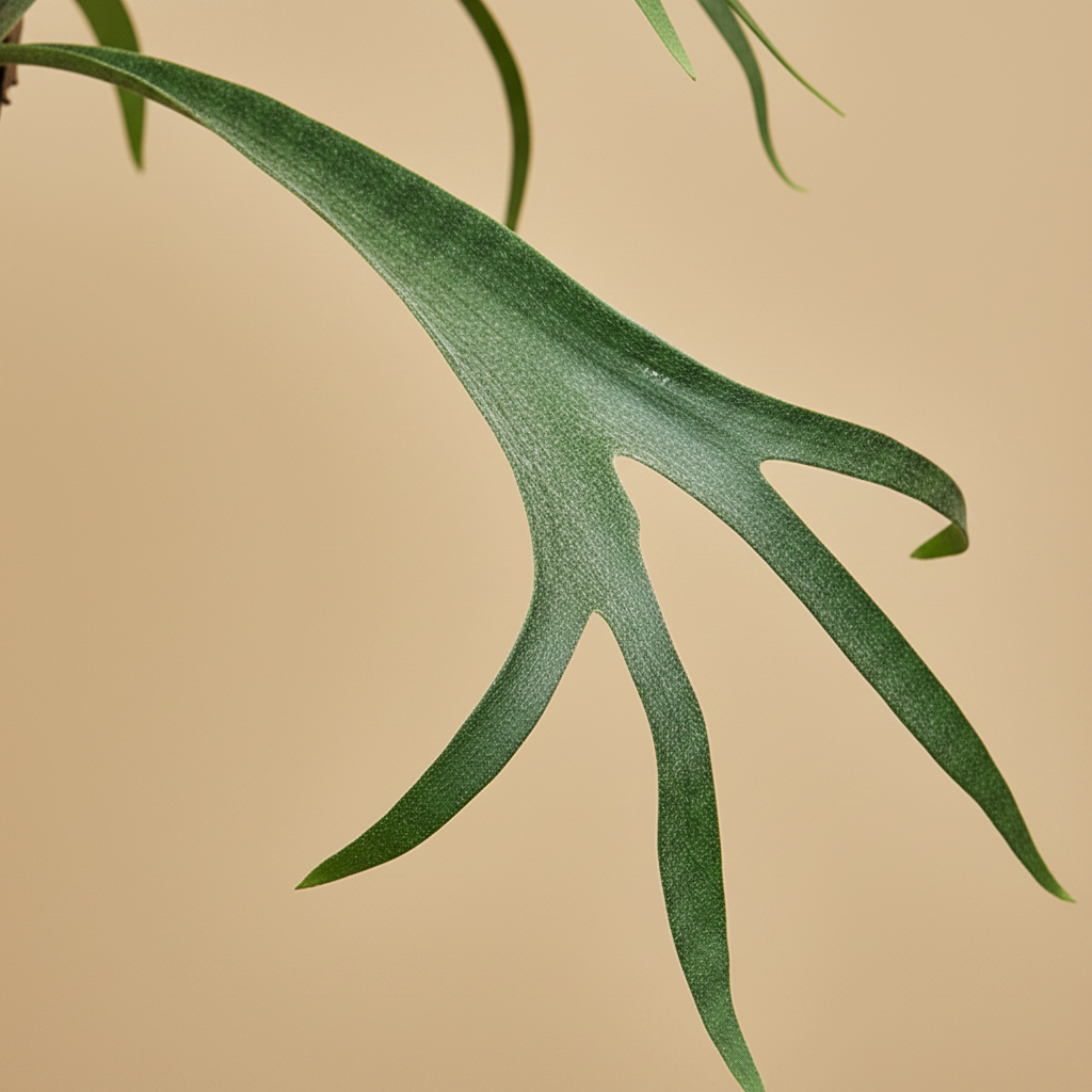 Platycerium bifurcatum hertshoornvaren – close-up geweivormig blad op warme beige studioachtergrond