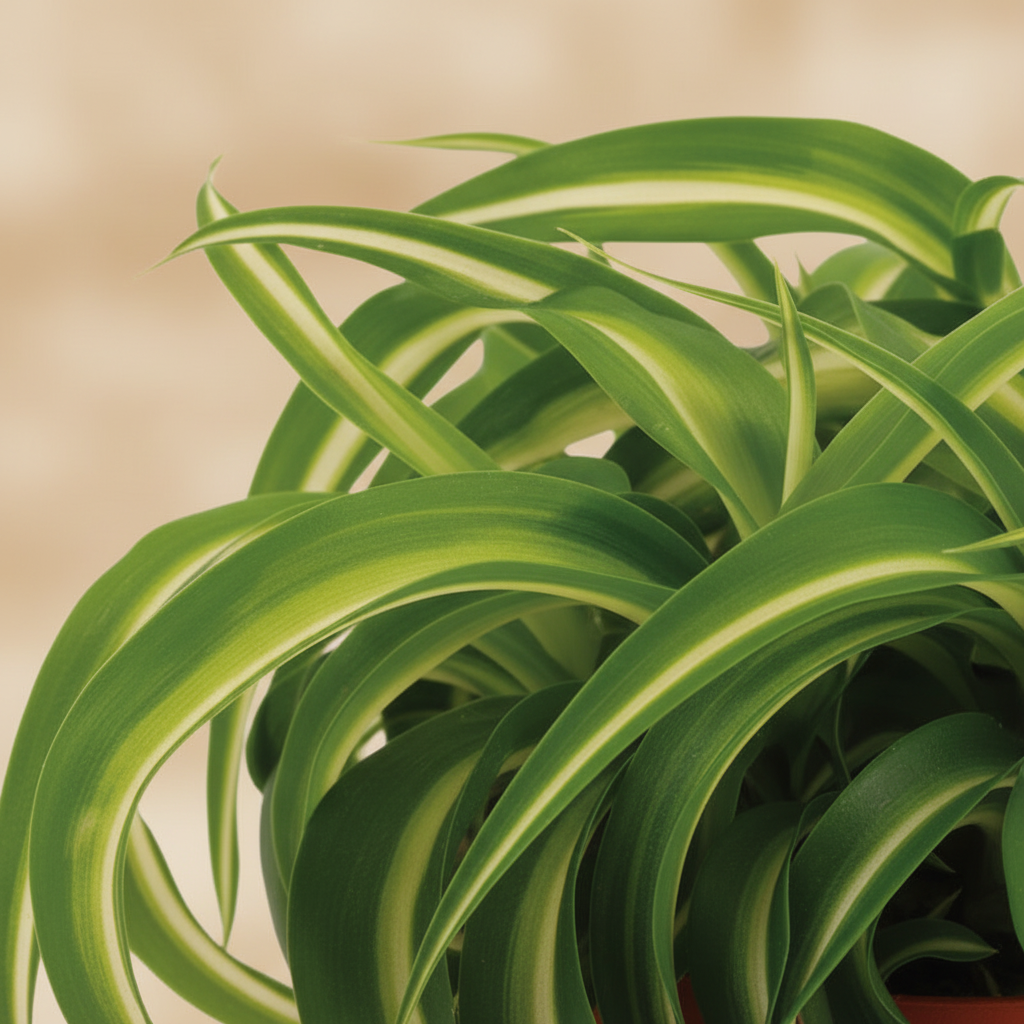 Chlorophytum Bonnie - close-up krullend blad warme beige studioachtergrond