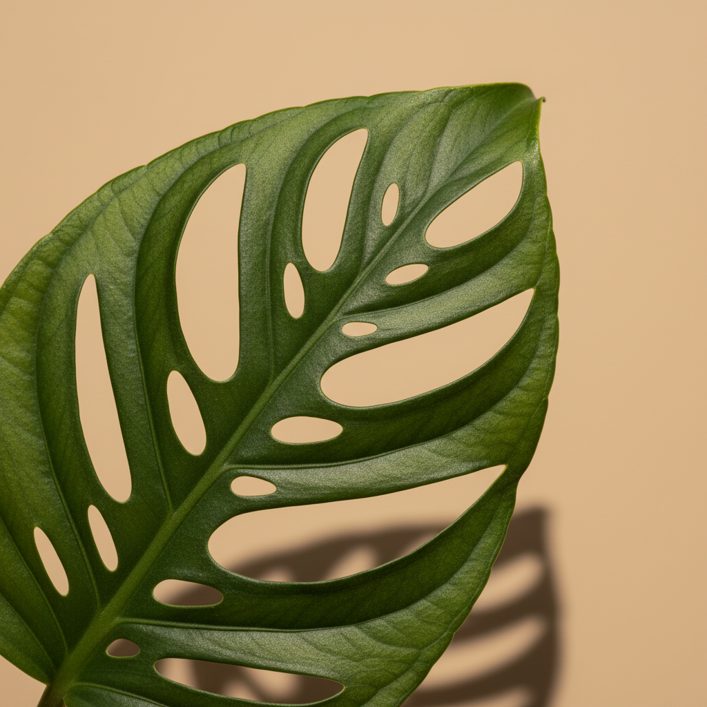 Close-up van de gaatjesbladen van een Monstera obliqua op warme beige studioachtergrond