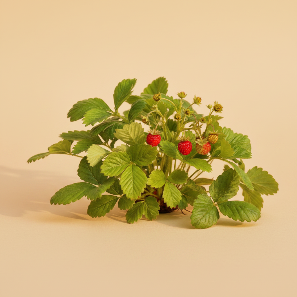 Fragaria Vesca - close-up bladeren en rode bosaardbeitjes op warme beige studioachtergrond