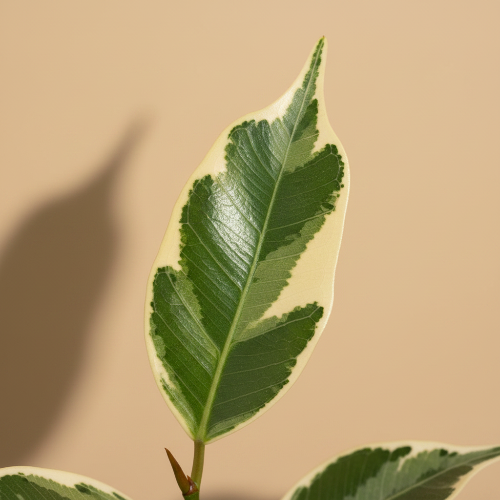 Close-up blad Ficus benjamina Anastasia op warme beige studioachtergrond