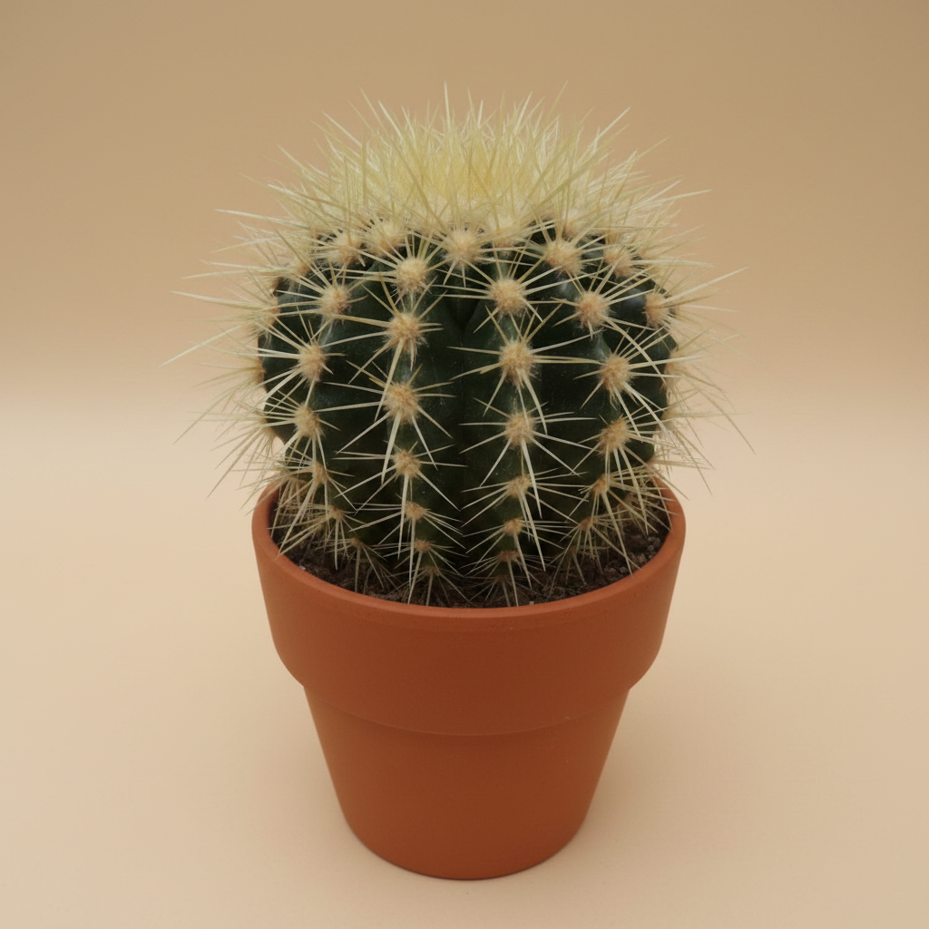 Echinocactus Grusonii in keramische pot met warme beige studioachtergrond