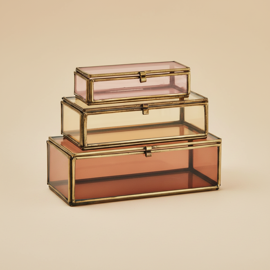 Gekleurde glazen doosjes set van 3 roze/oranje op warme beige achtergrond, studiofoto