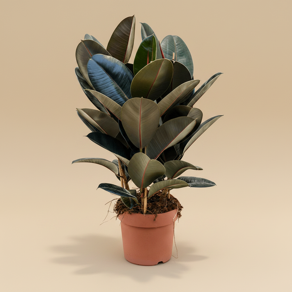 Ficus elastica Abidjan in pot op warme beige studioachtergrond