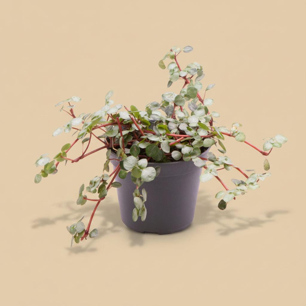 Pilea glaucophylla Greyzy op warme beige studioachtergrond