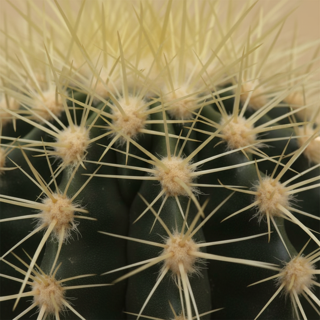 Echinocactus Grusonii – close-up goudgele stekels en geribde structuur op warme beige studioachtergrond