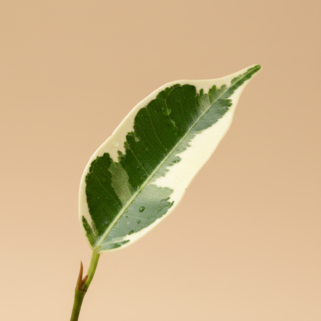 Close-up blad Ficus benjamina 'Petite Samantha' op warme beige studioachtergrond