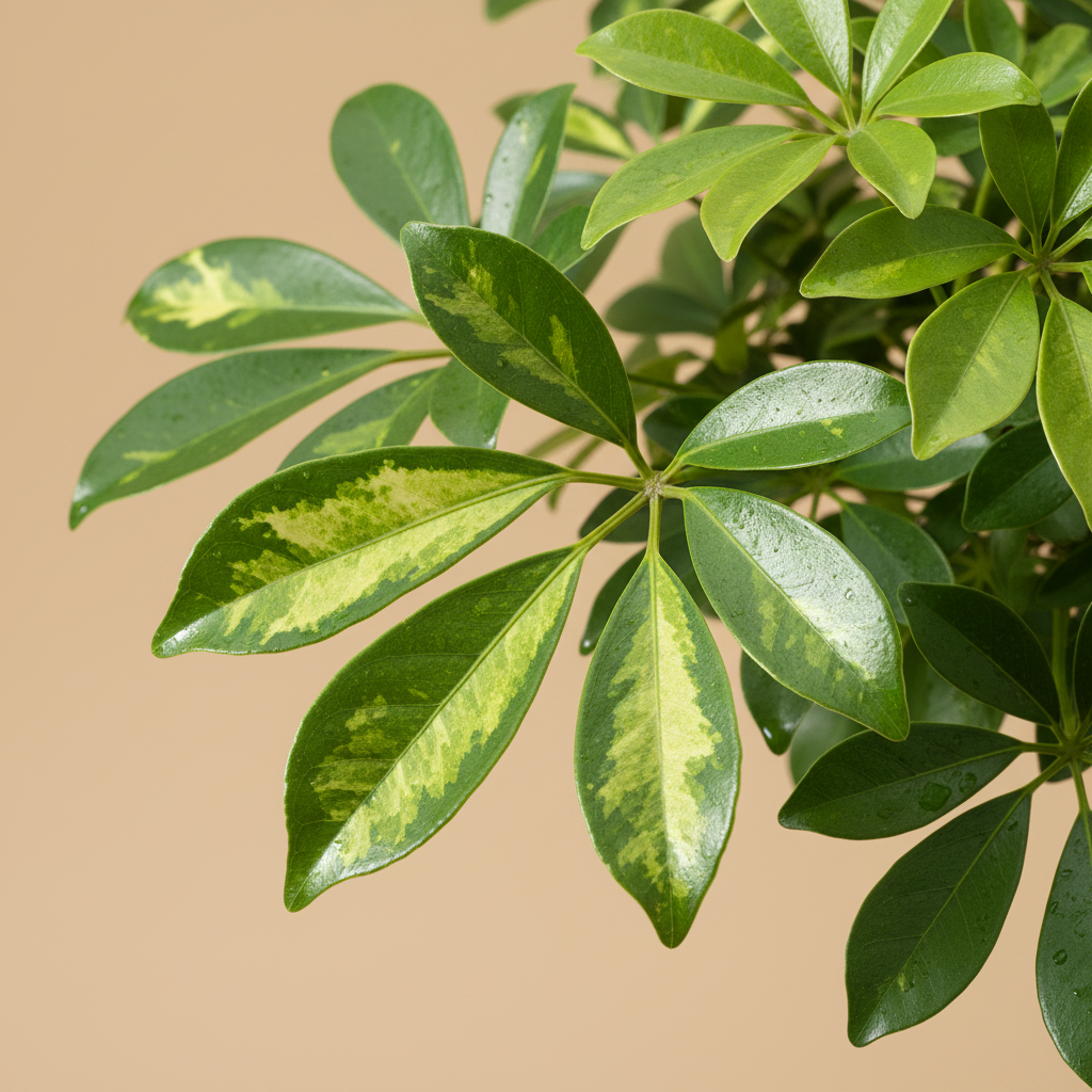 Close-up van glanzende geel-groene vingervormige bladeren van Schefflera arboricola Gold Capella op warme beige achtergrond