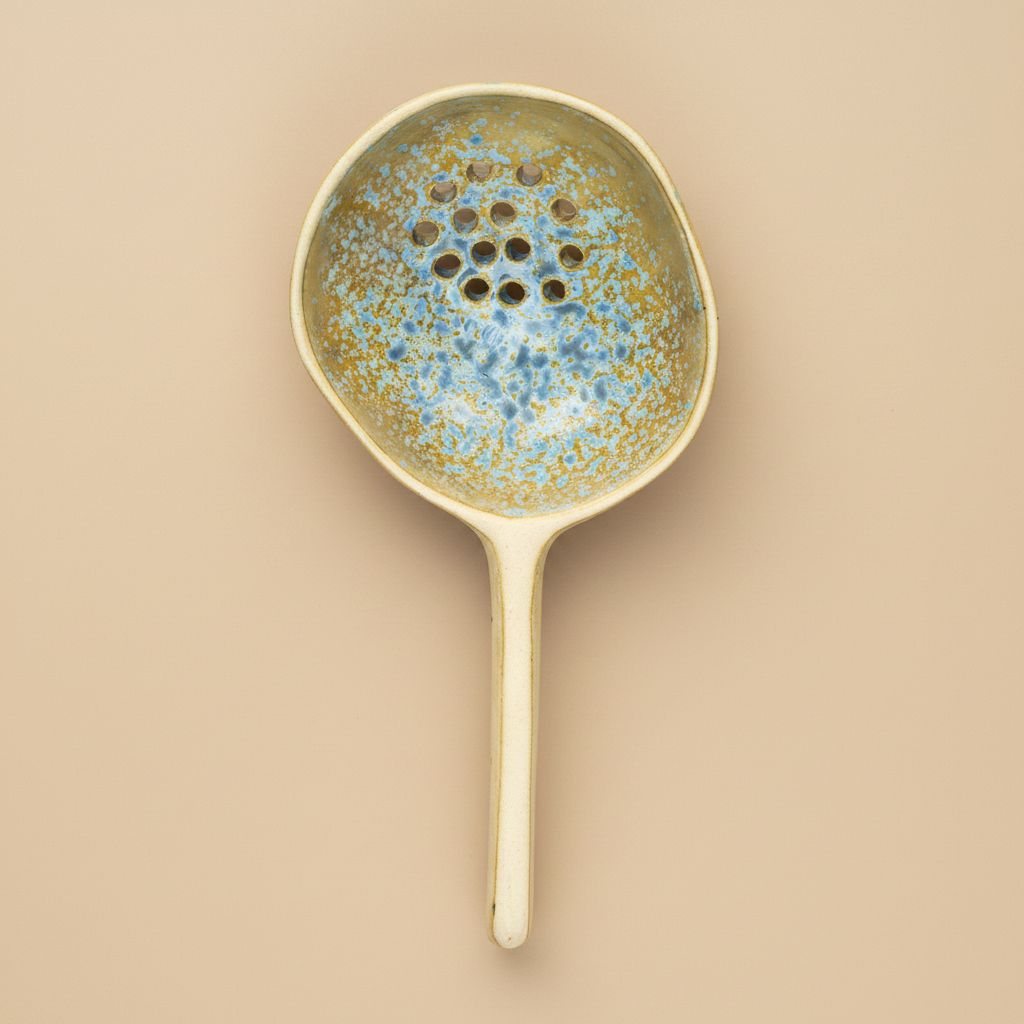 Stenen serveerlepel met gaatjes mosterd/blauw op warme beige achtergrond, studiofoto
