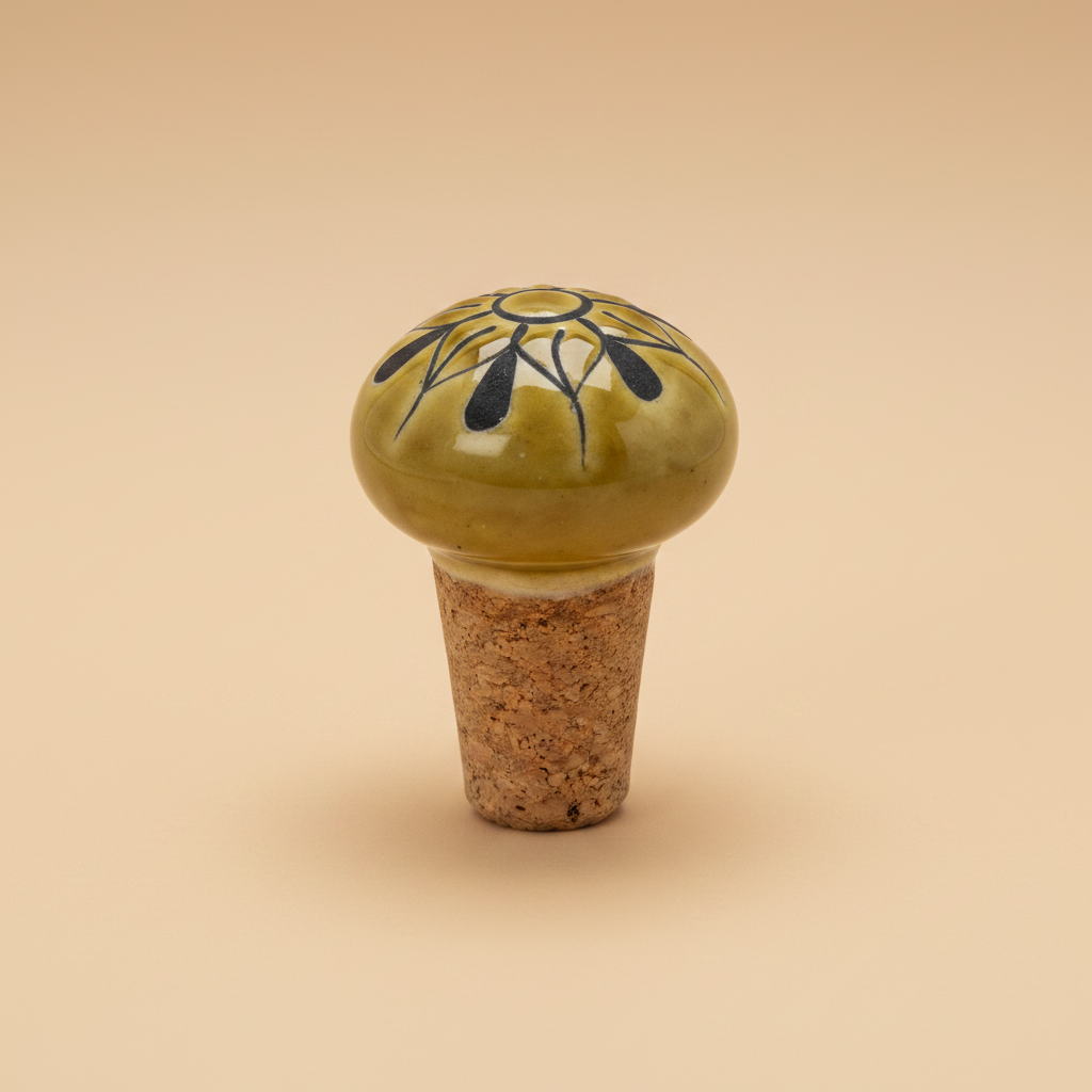 Handbeschilderde flessenstop mosterd op warme beige achtergrond, studiofoto