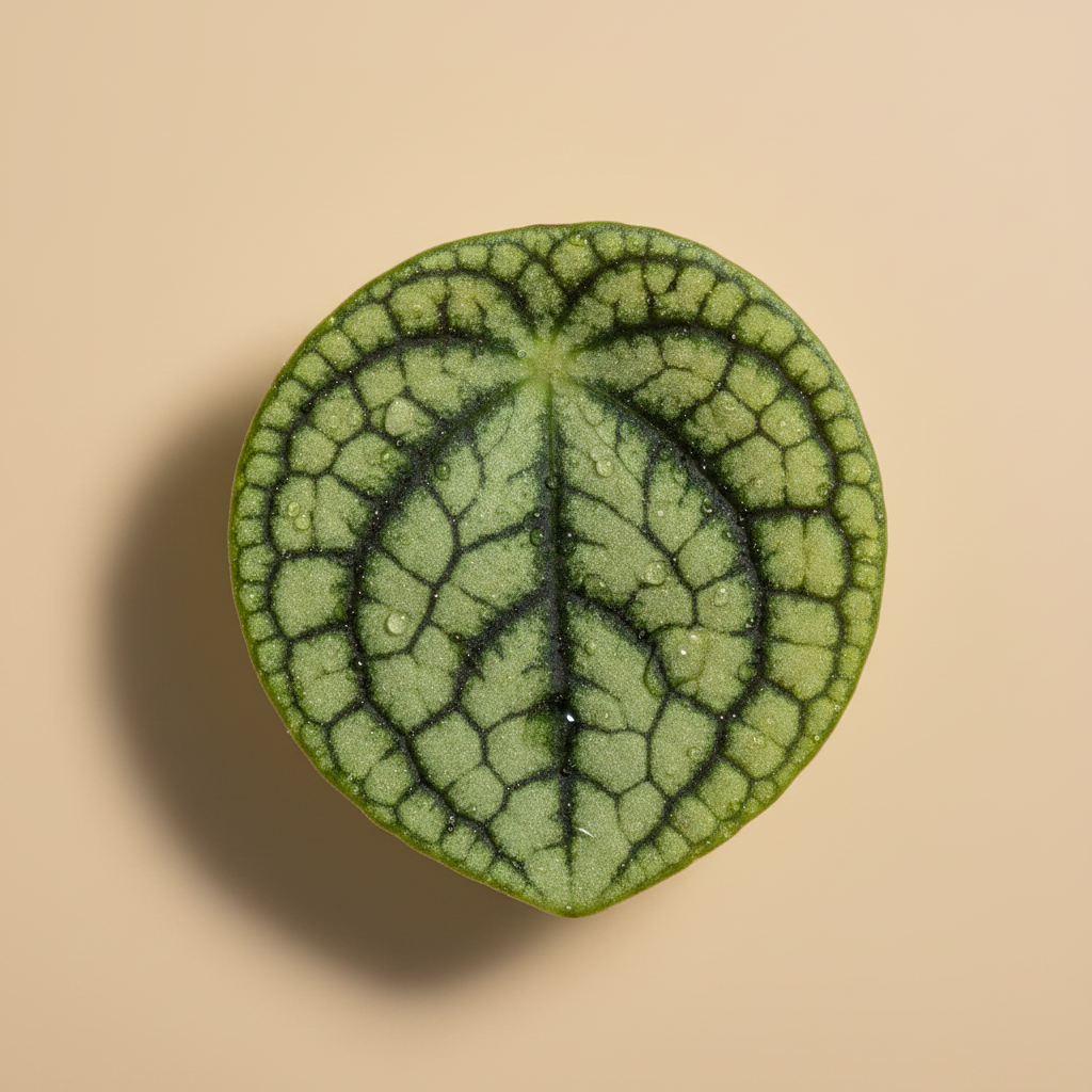 Peperomia Prostrata – close-up blad met warme beige studioachtergrond