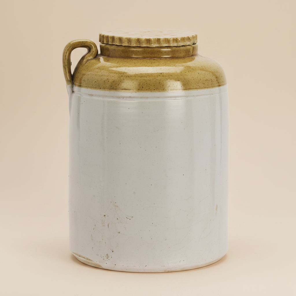 Hergebruikte stenen kruik lichtgrijs/mosterd op warme beige achtergrond, studiofoto