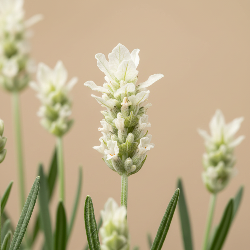 Lavandula Int Edelweiss – close-up bloem op warme beige studioachtergrond