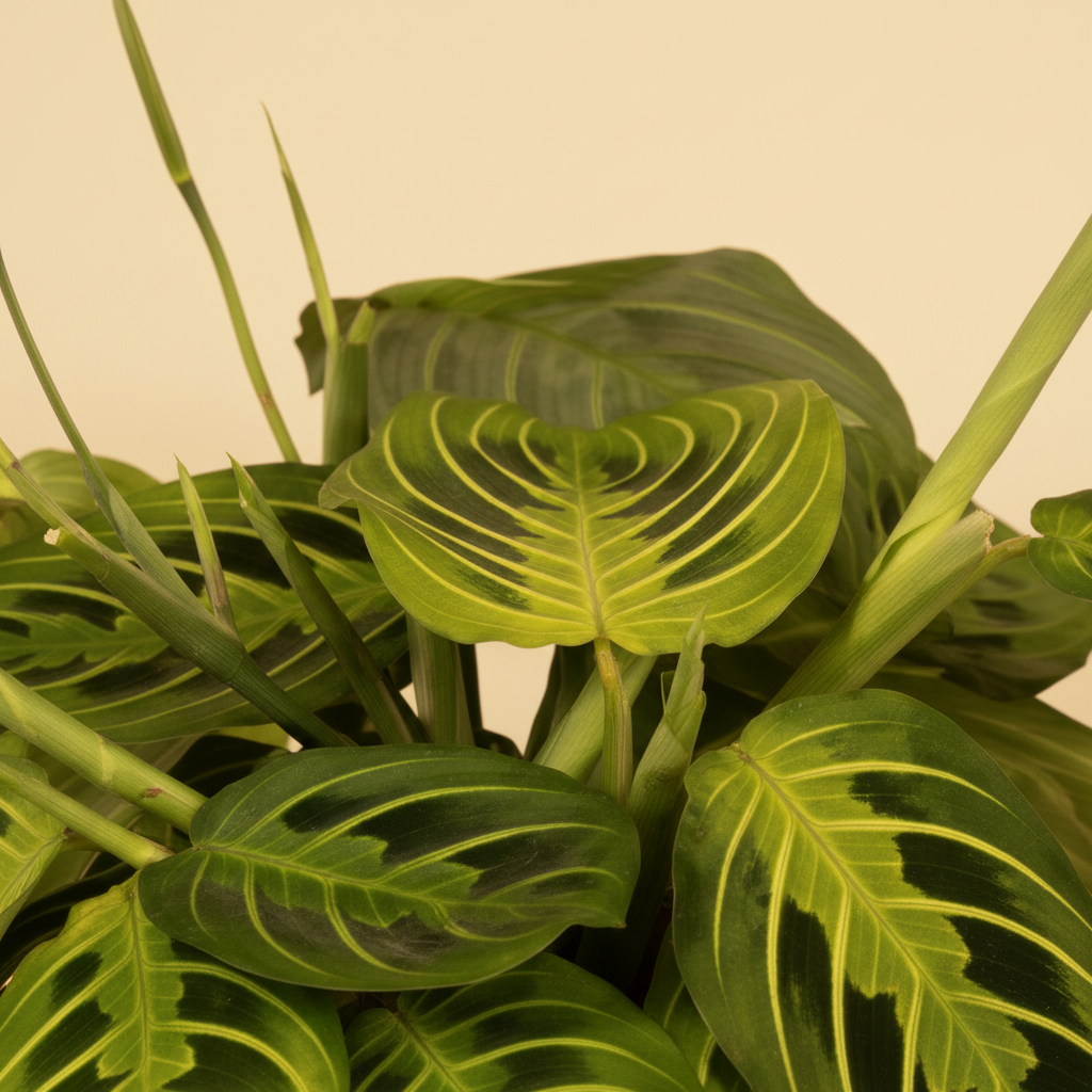 Maranta Leuconeura Lemon Lime close-up blad warme beige studioachtergrond