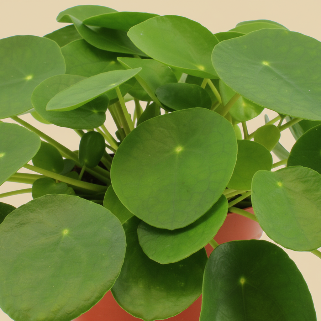 Pilea Peperomioides – close-up muntvormige blaadjes op warme beige studioachtergrond