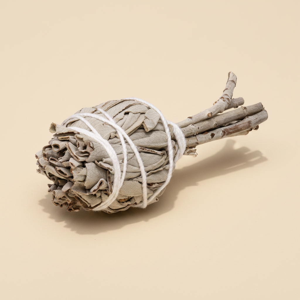 Witte salie smudge stick gebundeld met witte draad op warme beige achtergrond, mat oppervlak met zachte slagschaduw