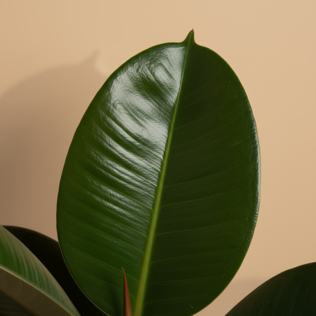 Ficus Elastica Robusta – close-up blad, beige studioachtergrond