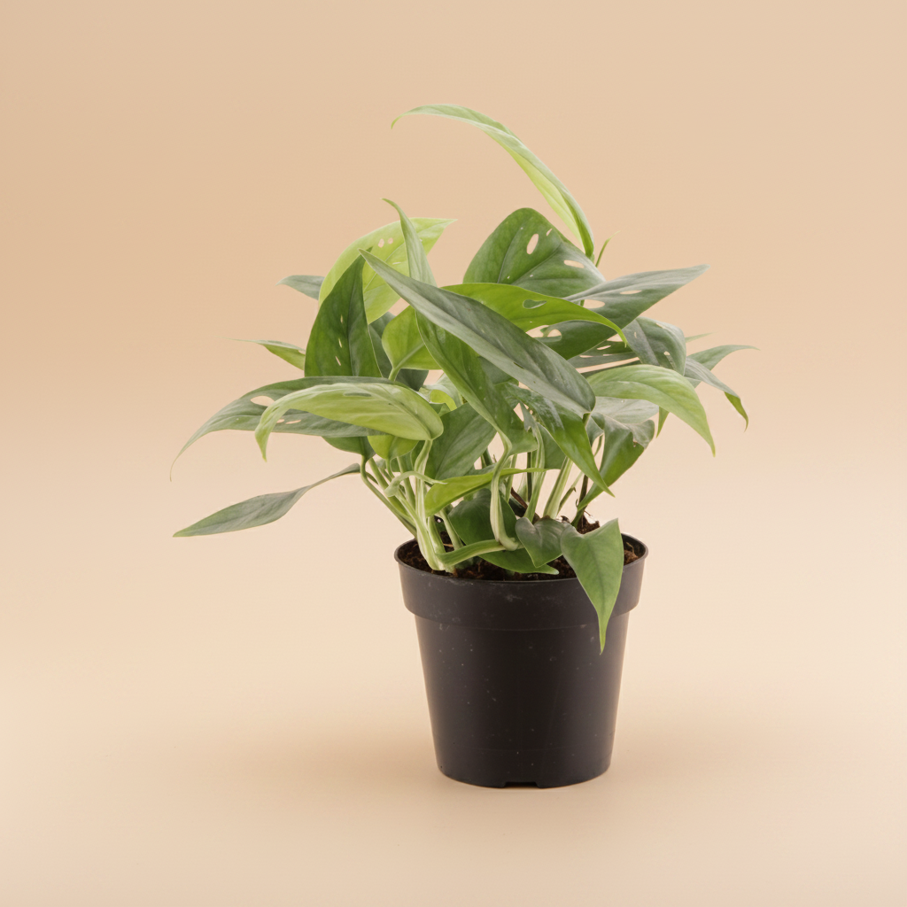 Epipremnum pinnatum Cebu Blue in keramische pot op warme beige studioachtergrond