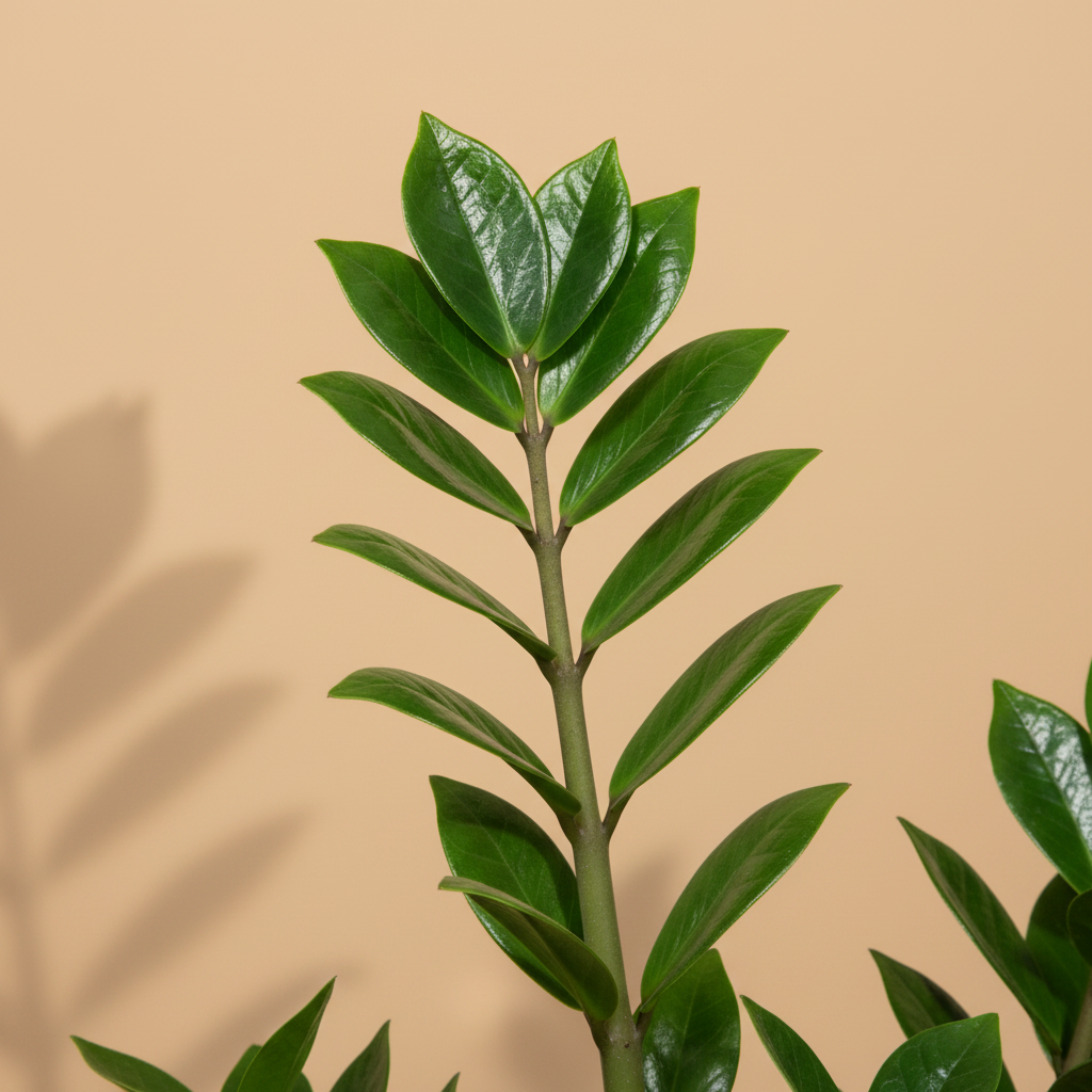 Zamioculcas 10,5 3 Veren - close-up blad warme beige studioachtergrond