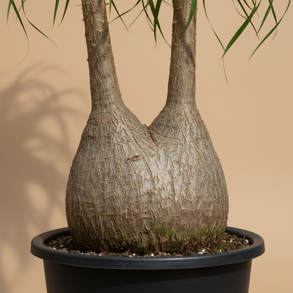 Close-up van de karakteristieke verdikte stam (olifantspoot) van de Beaucarnea recurvata op warme beige studioachtergrond