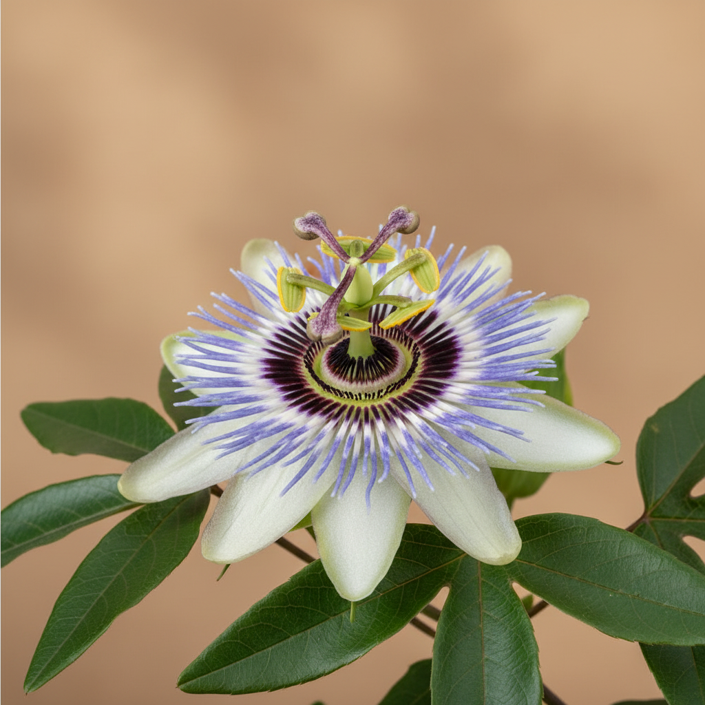 Passiflora Clear Sky – close-up blad/bloem, warme beige studioachtergrond