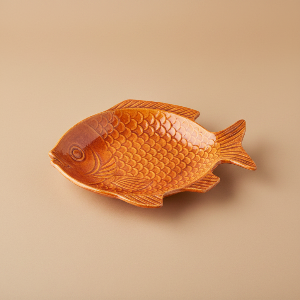 Stenen visschaaltje oranje op warme beige achtergrond, studiofoto