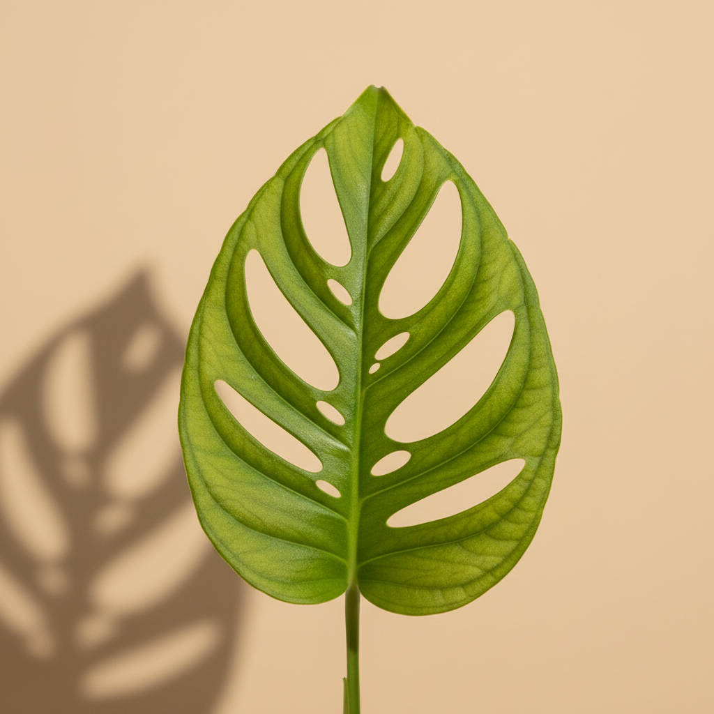 Close-up van het gaatjesblad van de Monstera obliqua op warme beige studioachtergrond