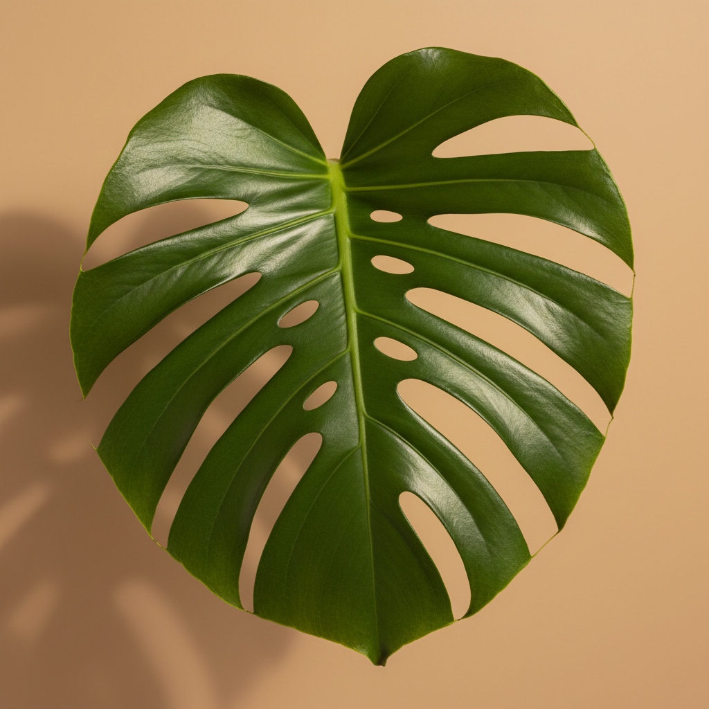 Monstera Deliciosa – close-up blad, warme beige studioachtergrond