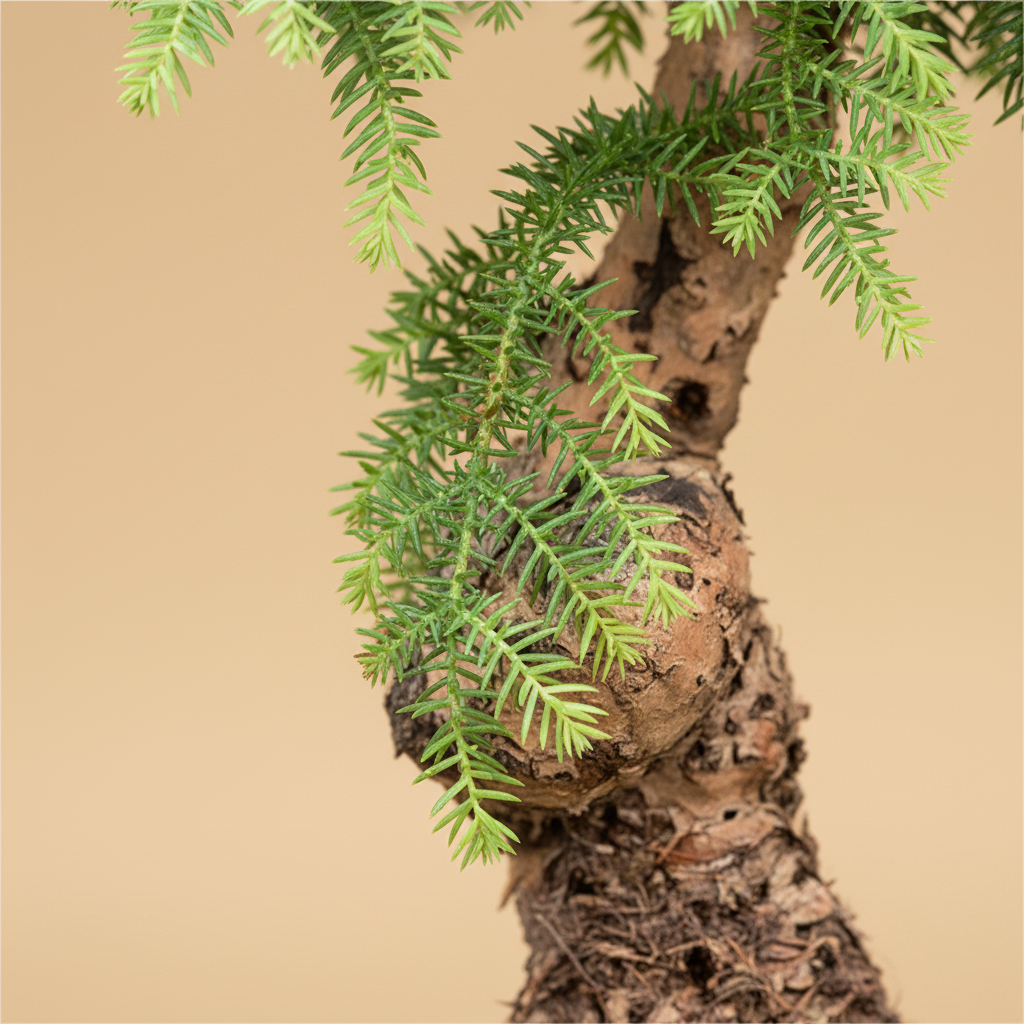 Close-up naaldjes Araucaria cunninghamii Bonsai op warme beige studioachtergrond