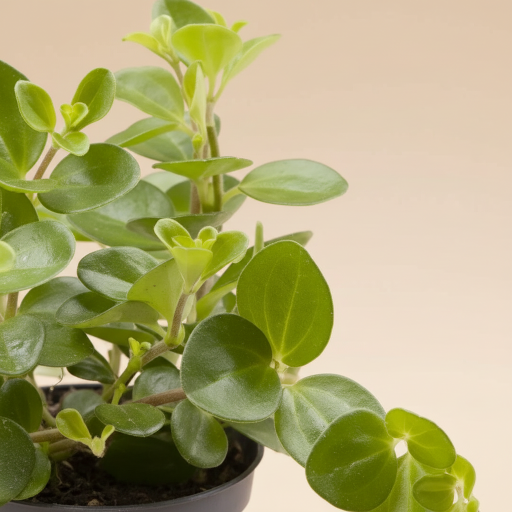 Close-up van de kleine ronde blaadjes van de Peperomia rotundifolia op warme beige studioachtergrond