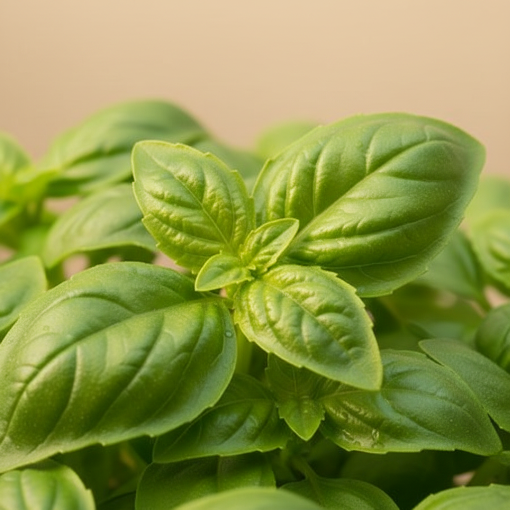 Ocimum - Struikbasilicum close-up blad op warme beige studioachtergrond