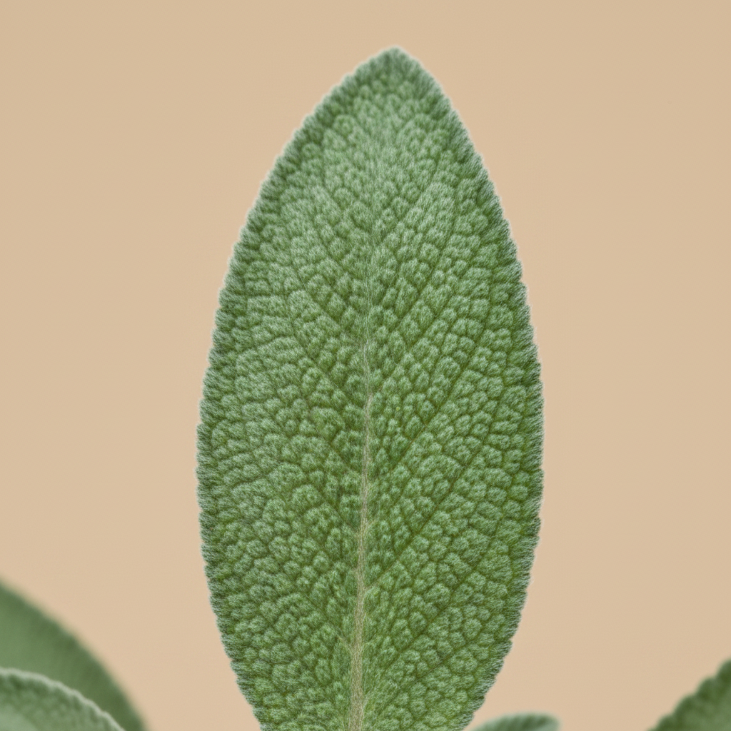 Close-up blad Salvia Off - Salie op warme beige studioachtergrond