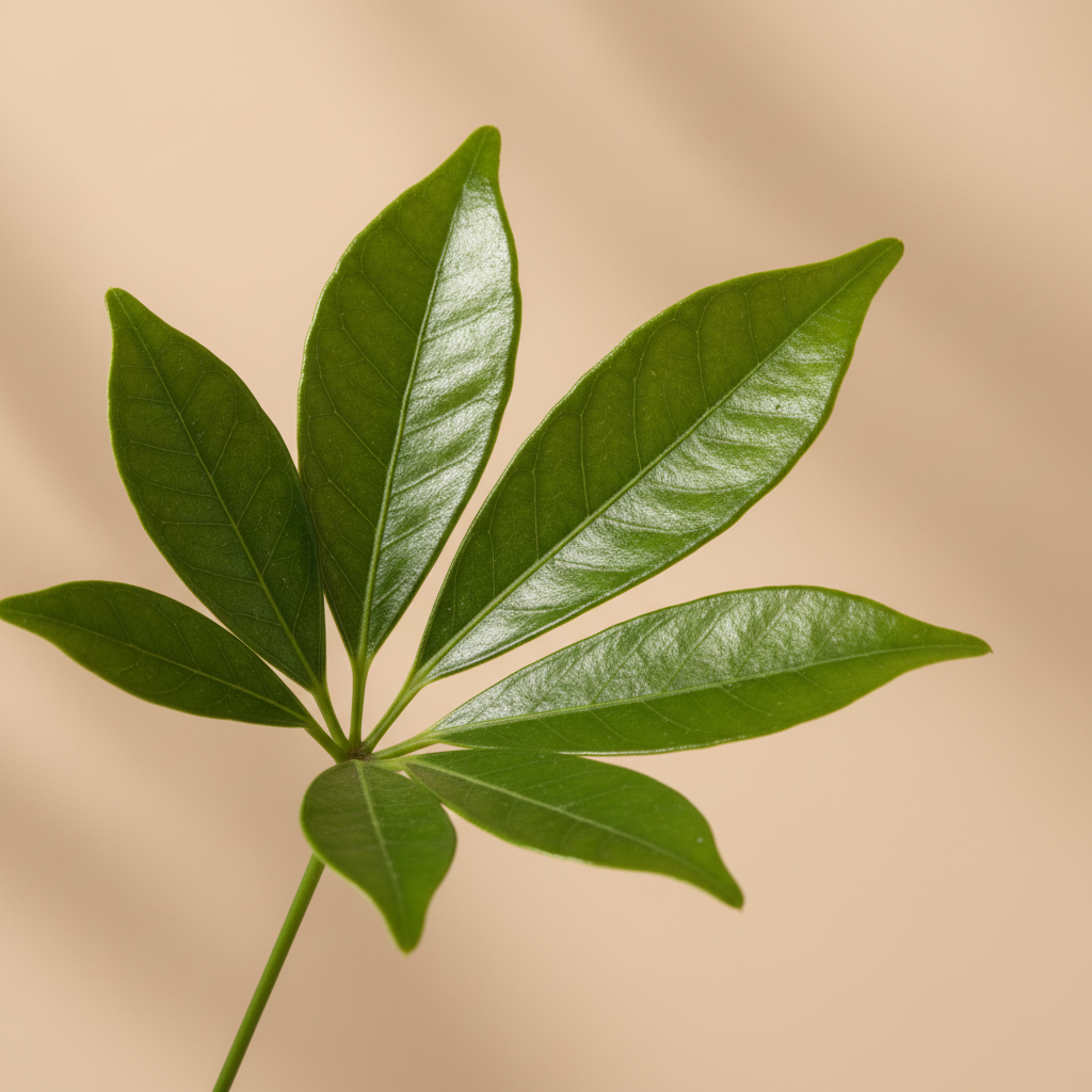 Schefflera Arboricola Compacta – close-up blad, warme beige studioachtergrond