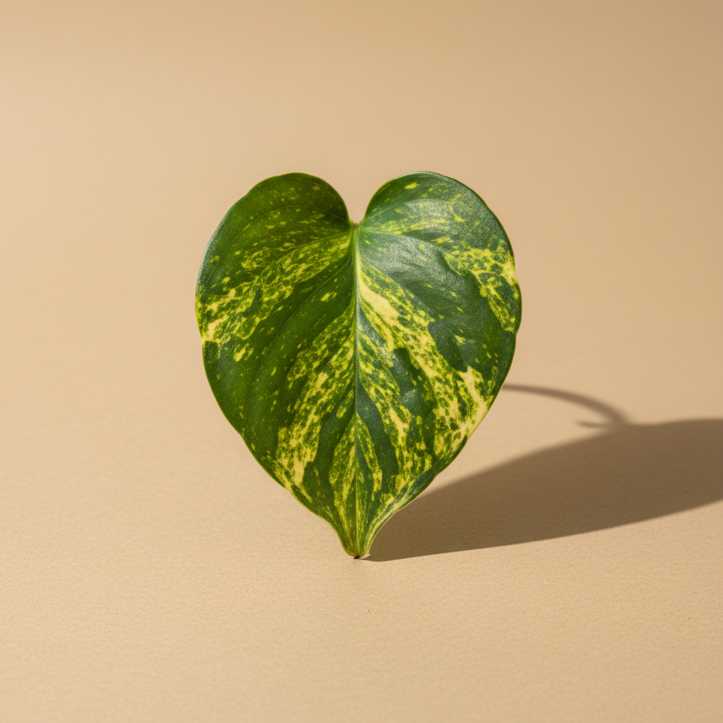 Epipremnum Aureum – close-up blad, warme beige studioachtergrond