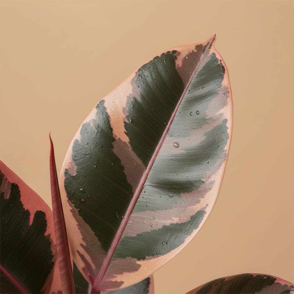 Ficus Elastica Belize – close-up blad op warme beige studioachtergrond