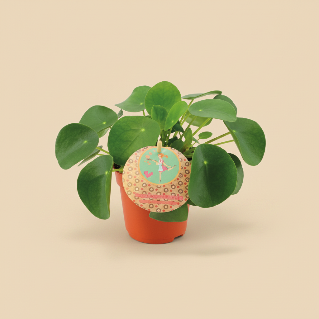 Pilea Peperomioides in oranje kweekpot - warme beige studioachtergrond