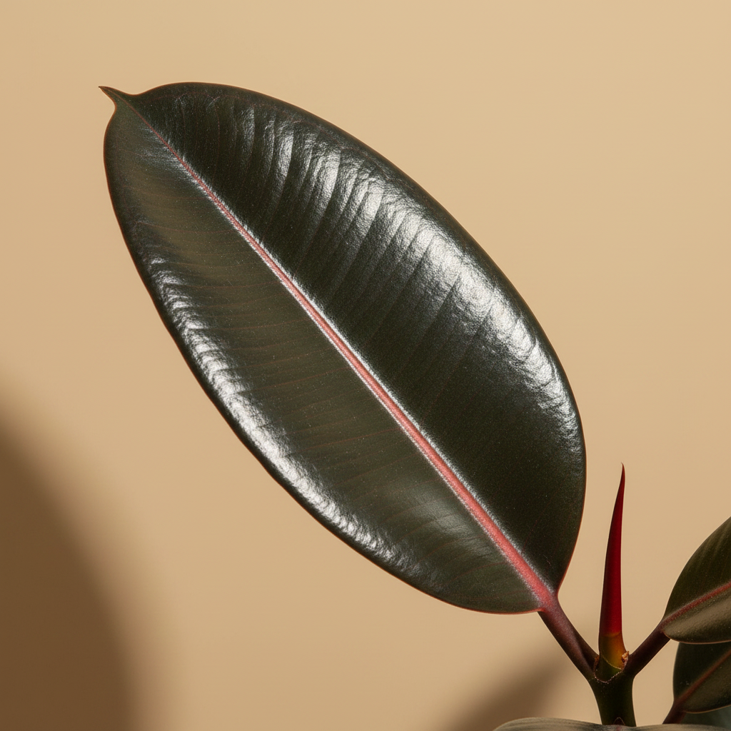 Close-up van het donkere glanzende blad van de Ficus elastica Abidjan