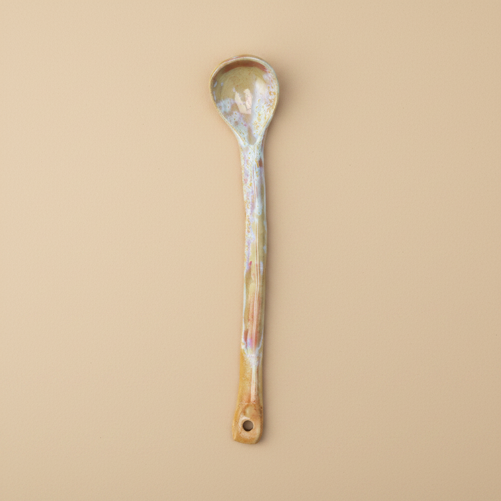 Stenen serveerlepel mosterd/perzik op warme beige achtergrond, studiofoto