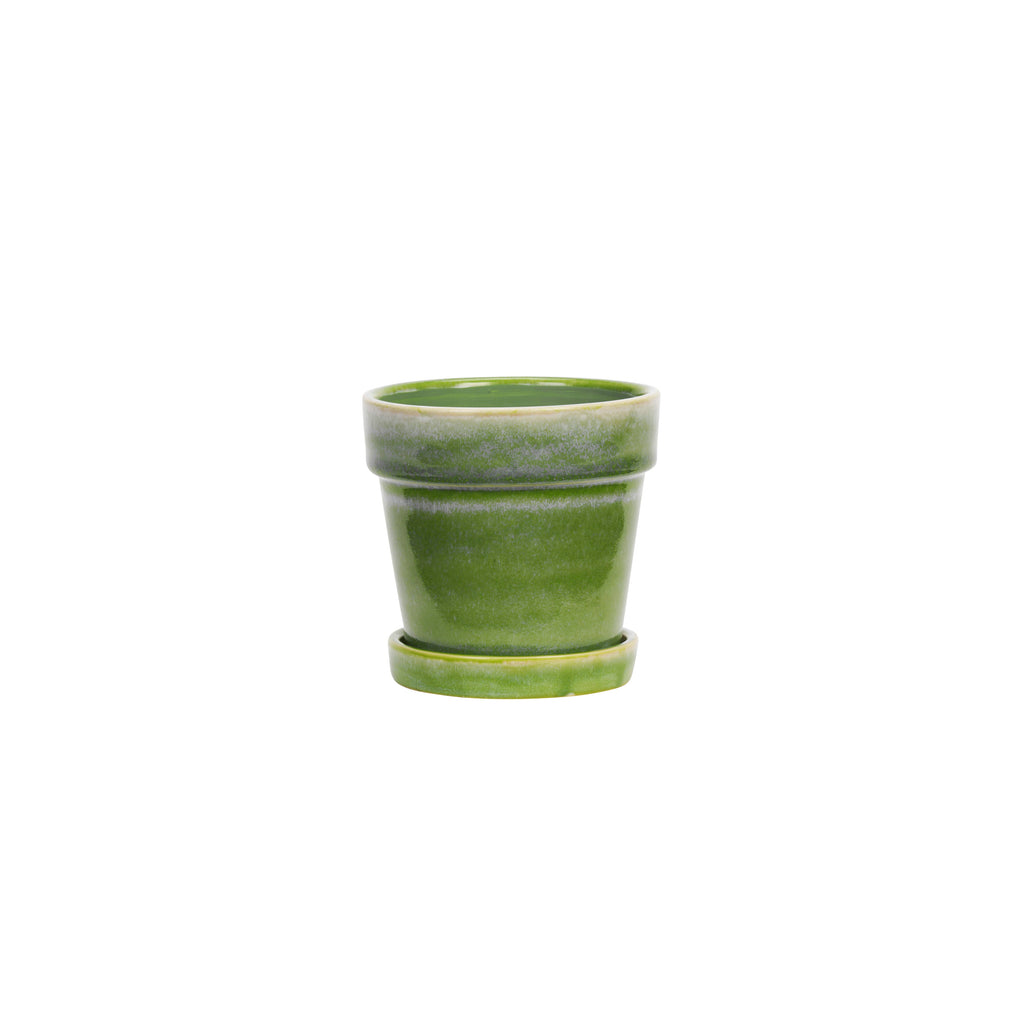 Groene bloempot met schotel van Madam Stoltz, steengoed, diameter 13 cm