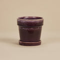 Paarse bloempot met schotel, diameter 13 cm, op warme beige achtergrond, studiofoto