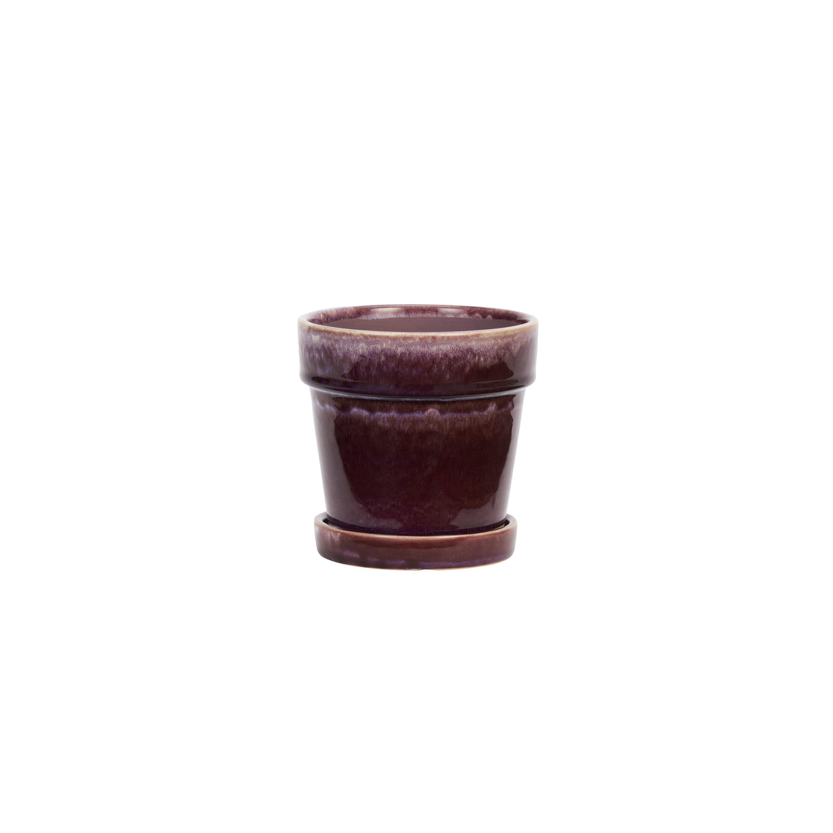 Paarse bloempot met schotel van Madam Stoltz, steengoed, diameter 13 cm